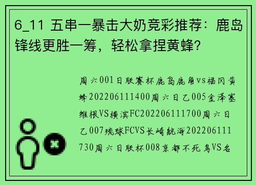 6_11 五串一暴击大奶竞彩推荐：鹿岛锋线更胜一筹，轻松拿捏黄蜂？