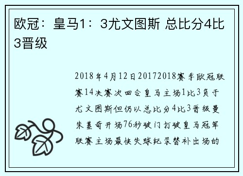 欧冠：皇马1：3尤文图斯 总比分4比3晋级